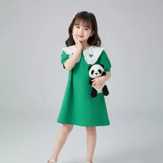MooDeng Baby ชุดกระโปรงสุดน่ารัก เดรส เด็กผู้หญิงแขนสั้น เนื้อผ้าดี สีสวยๆ ผ้าระบายอากาศได้เป็นอย่างดี คอปกหัวใจ