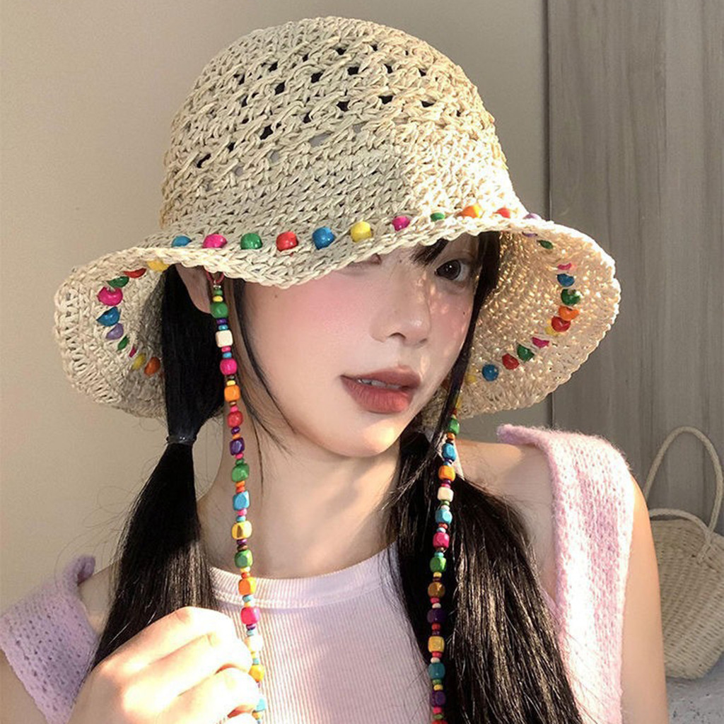 【CRD】หมวกกันแดด แฟชั่นสไตล์เกาหลี สไตล์ins เดินป่า ระบายอากาศ กลางแจ้ง พร้อมสร้อยคอลูกปัดสี