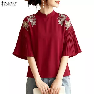 ZANZEA ซานเซีย ผู้หญิงวินเทจแฟชั่นหรูหราใหม่สไตล์จีนยืนปกแขนสั้นดอกไม้จีบเสื้อหลวม