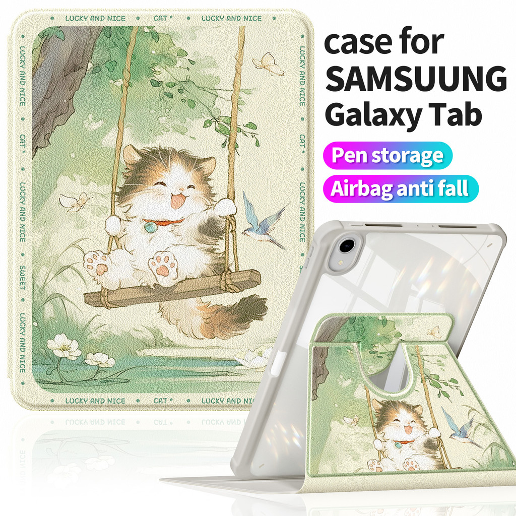 เคสสําหรับ Samsung Tab S10+ Plus 12.4" | Tab S9+ S8+ หนัง PU หรูหราพิมพ์ลายน่ารัก | ด้านหลังอะคริลิคใส | Anti-stain Cover Tab S10 Ultra 360° ก1345 小猫