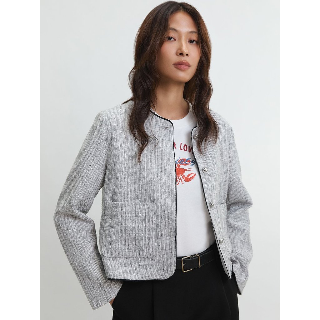 [Pomelo] เสื้อแจ็กเก็ตผ้าทวีดแต่งขอบไม่มีปก / Tweed Collarless Jacket