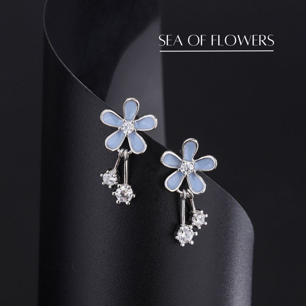 GLAMOR ต่างหูเงินแท้ Sea of ​​Flowers ต่างหูเงิน ต่างหูดอกไม้ ต่างหูแฟชั่น ต่างหูเท่ๆ ต่างหูเพชร E069