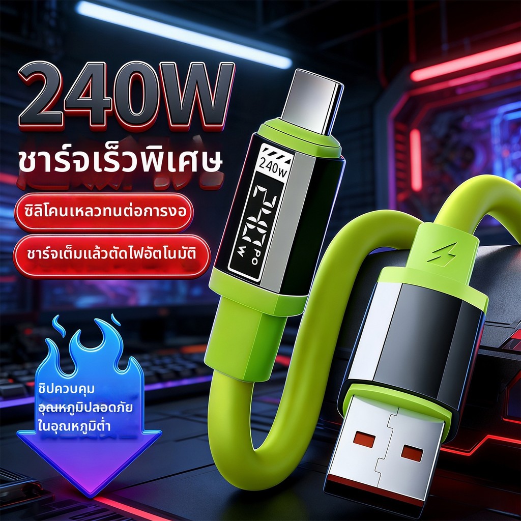 [ส่งไว] 240W สายชาร์จ Type C to C สายซิลิโคนเหลว นุ่มพิเศษ PD Super Fast Charge ชาร์จเร็วสูงสุด ไม่หักงอ 1-2m