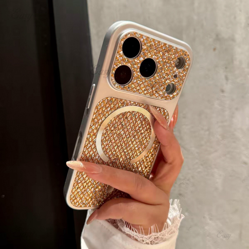 สําหรับiPhone 17 16 15 14 13 12 ProMaxระยิบระยับGlitter Powder Electroplatedขอบเคสโทรศัพท์แม่เหล็กAnti SLIPและAnti DROPป้องกันฝาครอบด้านหลัง