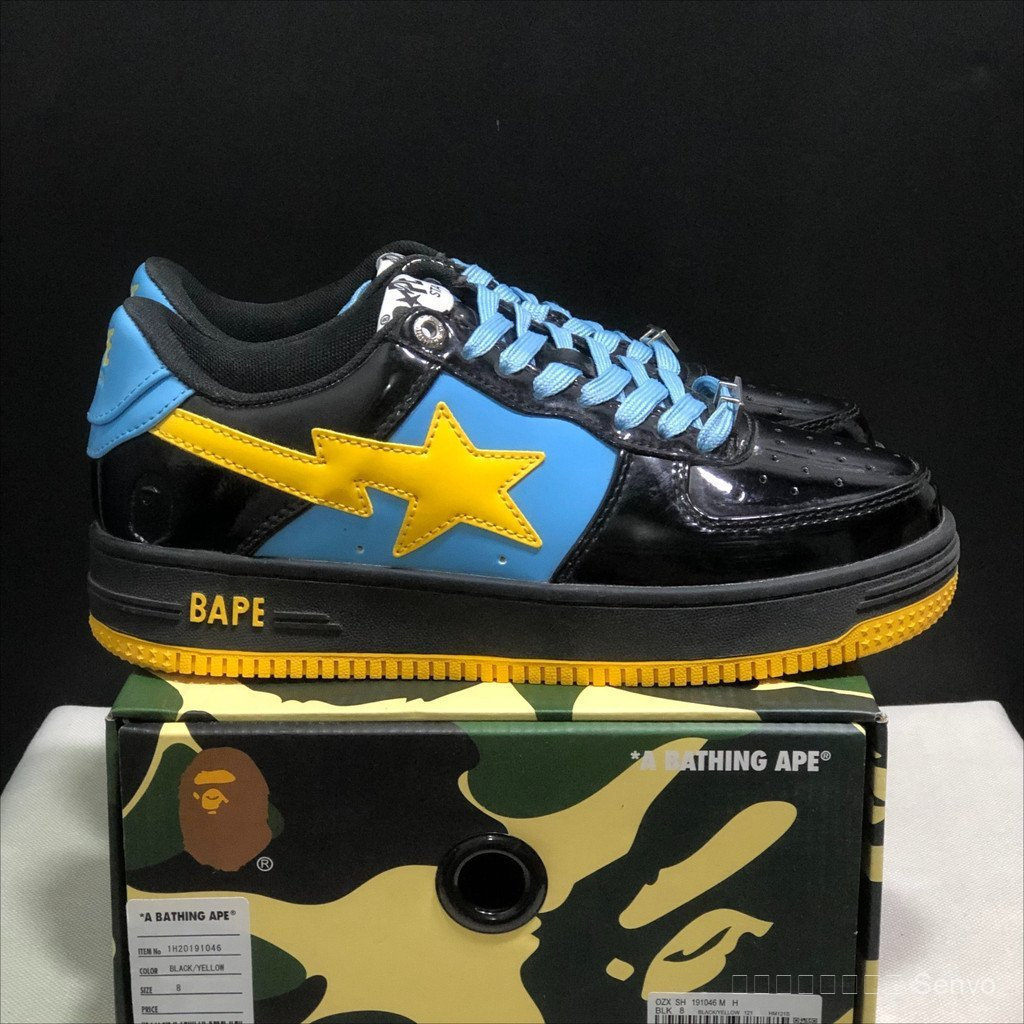 Bape Sta รองเท้าบอร์ดลําลองทรงเตี้ยสีเหลืองสีดําสีน้ําเงินที่ทนทานต่อการสึกหรอและสะดวกสบาย