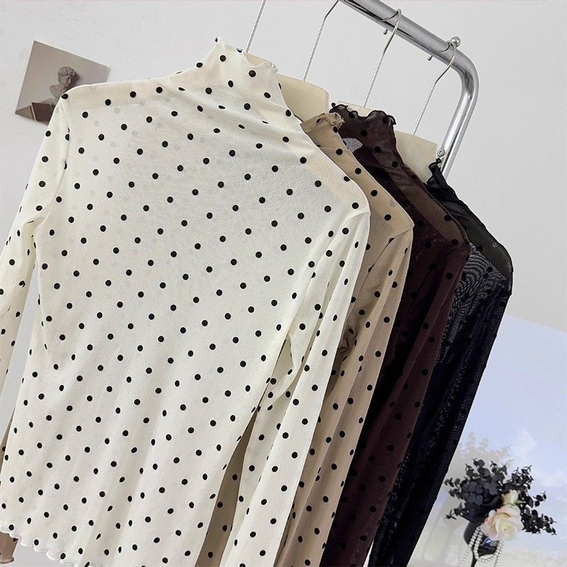 เสื้อแขนยาวลายจุด ออกแบบทันสมัย คอสูงพิเศษ ทำจากผ้ากอซ