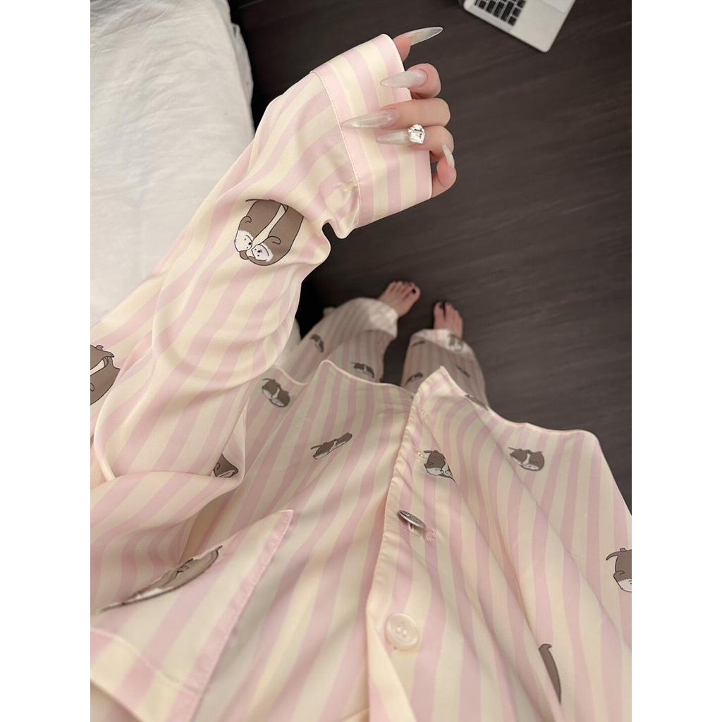 FDS สีชมพูลาย Sea Otter ผ้าไหมน้ําแข็งญี่ปุ่นน่ารักสาวสวยชุดนอนผู้หญิงฤดูใบไม้ผลิสไตล์ใหม่กางเกงแขนย