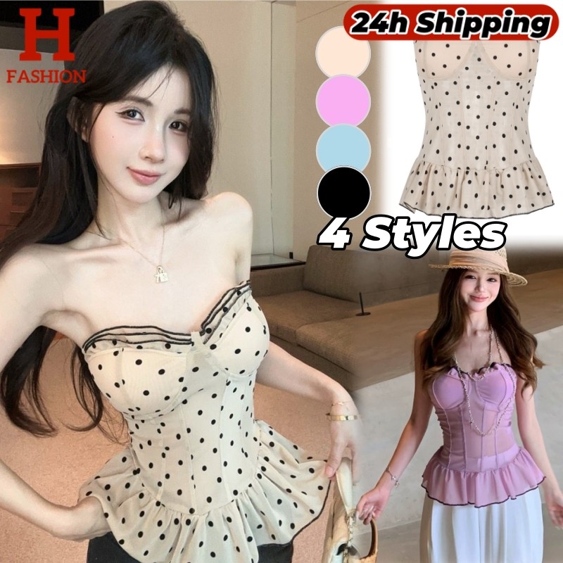 HOT 'พร้อมส่ง' เสื้อเกาะอก ลายจุด เสริมฟองน้ำ ผ้านุ่มนิ่มใส่สบายมาก FY66049