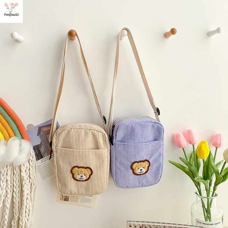 [pes] Portable Corduroy Bear Phone Crossbody Bag Mobile Phone Coin Purse Fashion Cross Small Bag Cor