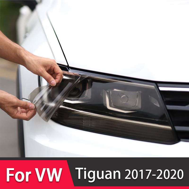 ไฟหน้ารถป้องกันฟิล์มไฟหน้าโปร่งใสสีดํา TPU สติกเกอร์สําหรับ Volkswagen VW Tiguan 2017 2018 2019 2020