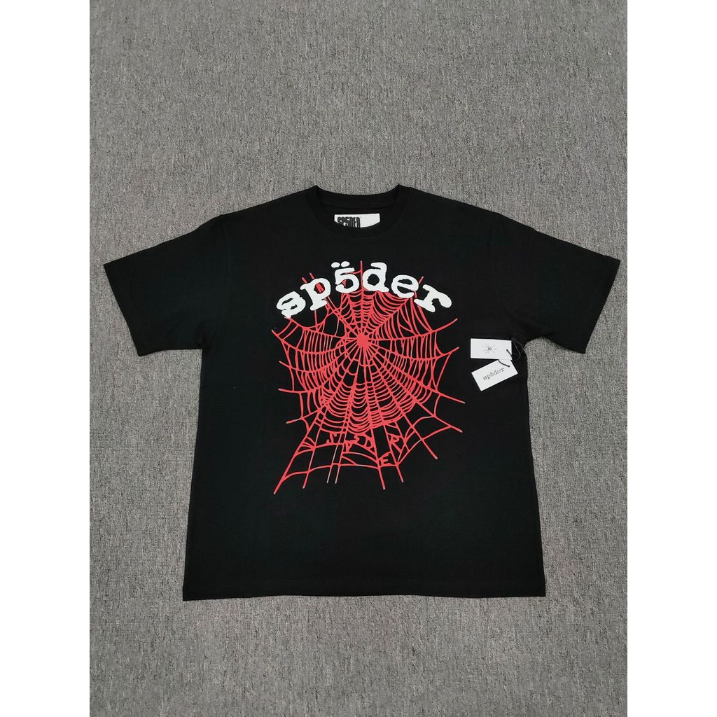 เสื้อยืดอเมริกัน Top Hip-Hop นักร้องตัวอักษรหลวม Spider Web sp5der แขนสั้น