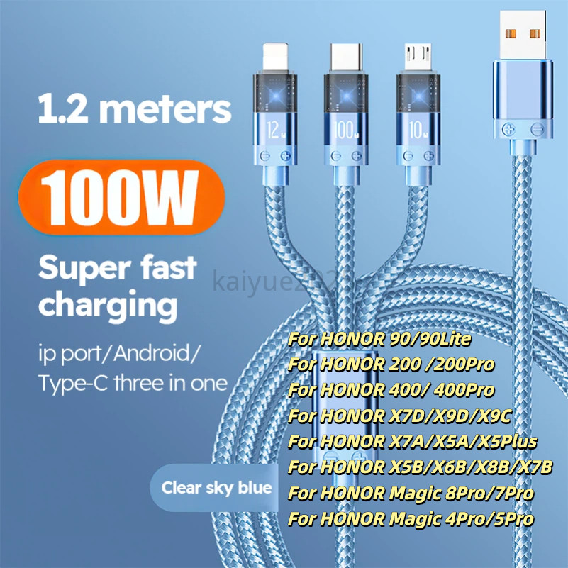LY66 1.2M โปร่งใสถัก fast charging 3 ใน 1 โทรศัพท์มือถือข้อมูลสายไฟแสดงสถานะสําหรับ HONOR 200 200Pro
