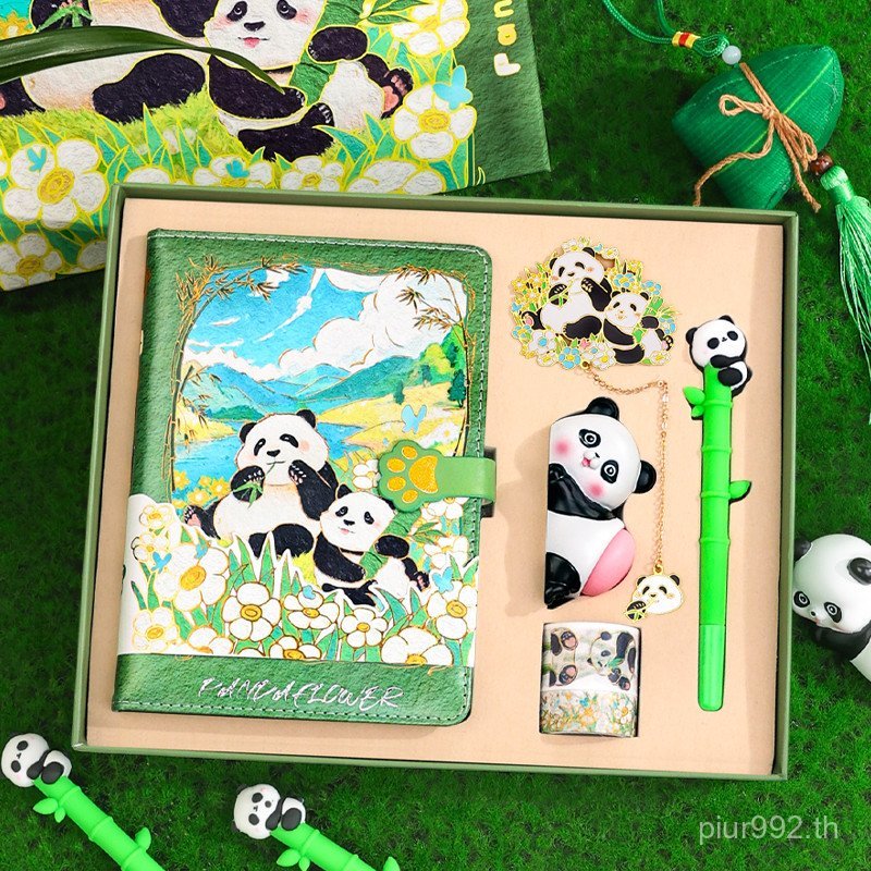 กล่องของขวัญน่ารัก Huahua เครื่องเขียน Qizai Panda ฟรีหน้าสีโน้ตบุ๊คบุ๊คมาร์คภาพประกอบชุดปากกาลายเซ็