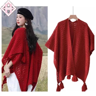 (จัดส่งในพื้นที่) ผ้าคลุมไหล่ถักฉลุลายสีทึบสไตล์ชาติพันธุ์สําหรับผู้หญิงเดินทางและเก๋ไก๋ทุกวัน