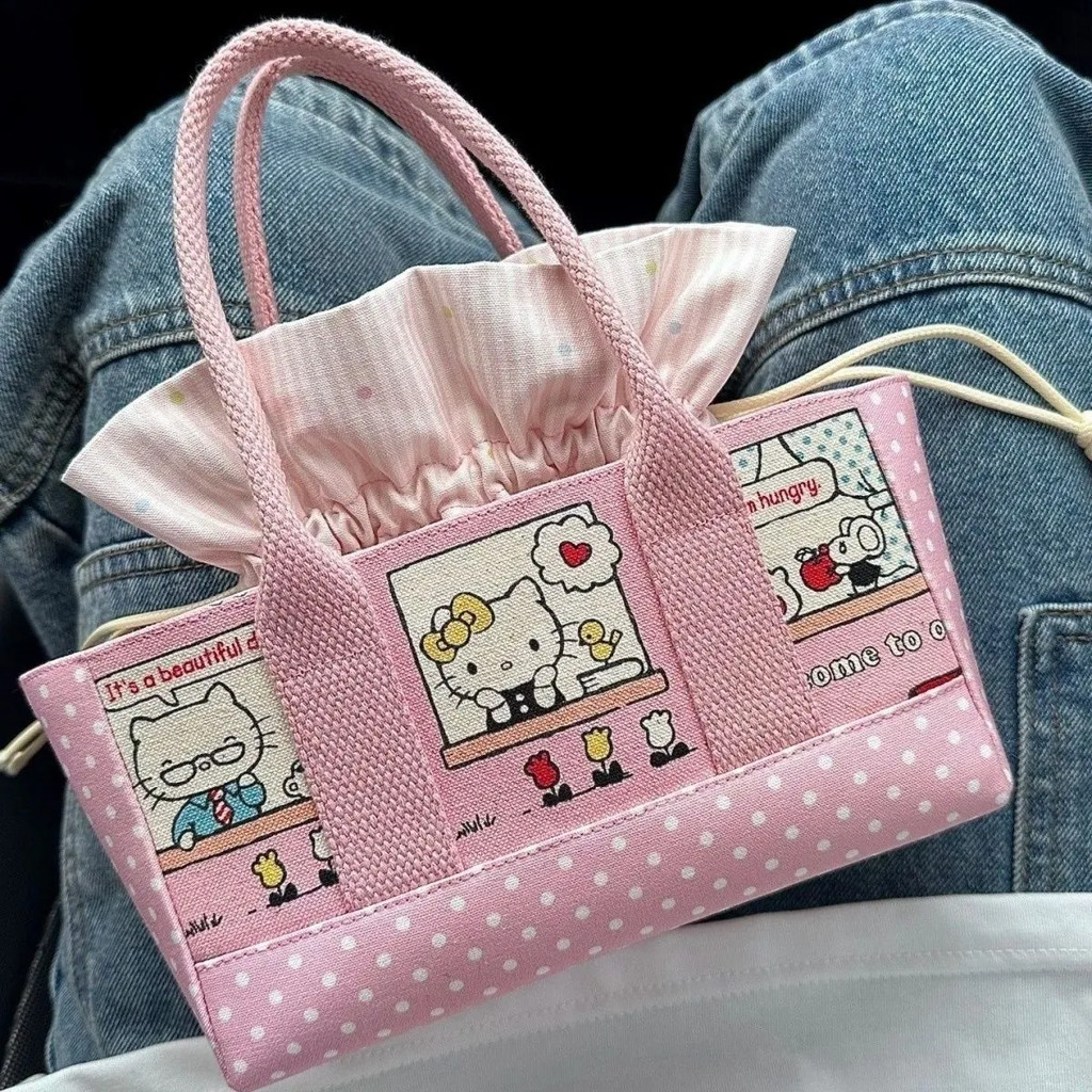 กระเป๋าถือพกพา Hello Kitty ลายการ์ตูน ขนาดใหญ่ สำหรับใช้เป็นกล่องเบントโตะและกระเป๋าถือ