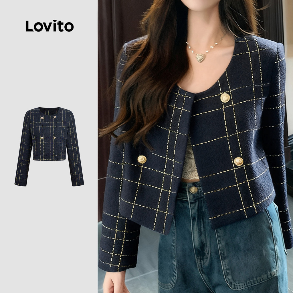 Lovito เสื้อแจ็คเก็ตหรูหราปุ่มสวยงาม เสื้อแจ็คเก็ตฤดูใบไม้ร่วง/ฤดูหนาวสีน้ำเงินเ