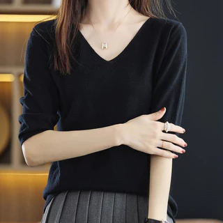 เสื้อกันหนาวถักสำหรับผู้หญิง สไตล์เกาหลี คอวี สวมสบาย