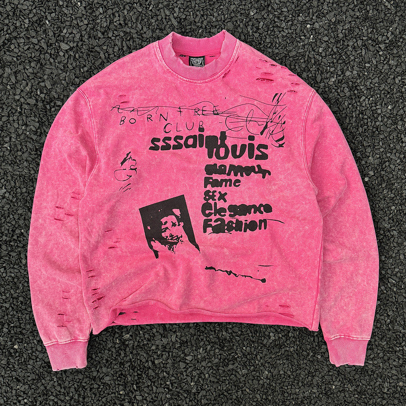 MCQD Heavy Washed Vintage Handmade Knife Cut Distressed Long Sleeve Retro Loose Round Neck Sweatshir