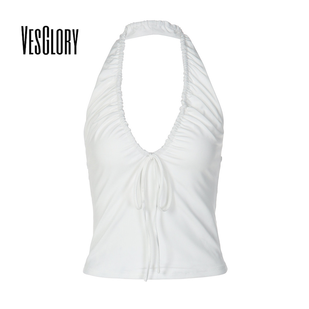 VesGlory เสื้อกล้ามสีทึบ คอลีน V-neck สำหรับผู้หญิง ดีไซน์ใหม่ เหมาะสำหรับทุกวันและสไตล์ Y2K