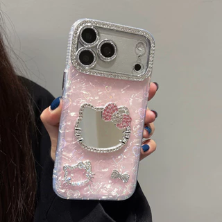Kawaii Hello Kitty กระจกแต่งหน้าเคสโทรศัพท์สําหรับ iPhone 17 16 15 14 13 12 11 Pro Max Plus Air Shell Texture กันกระแทก