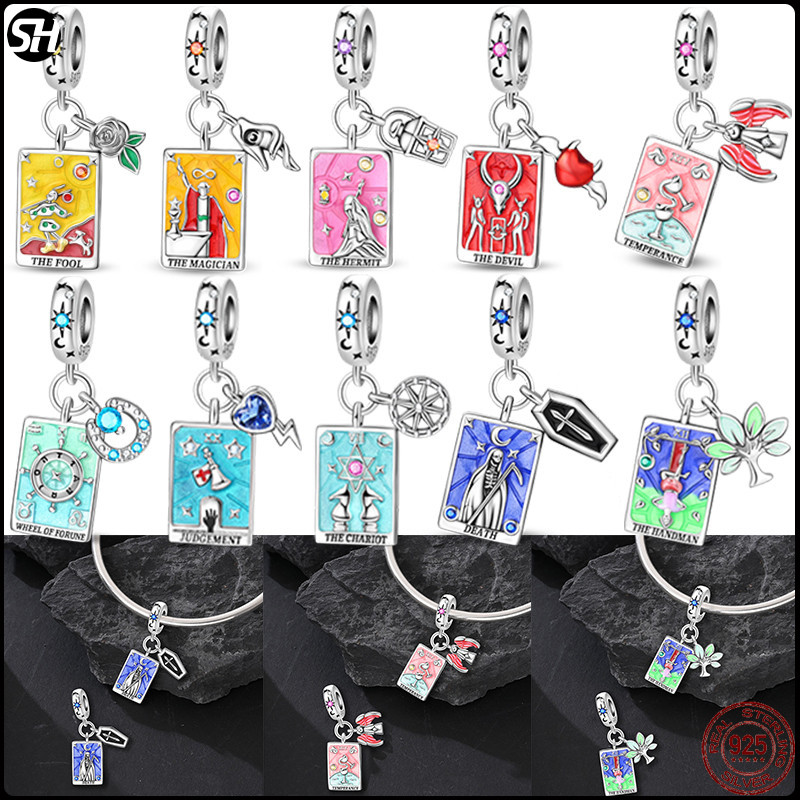 925 Silver Star Moon Sun คู่ Magic ล้อน้ํา Justice Tarot Charm การ์ด Pingents Fit DIY สร้อยข้อมือเครื่องประดับ