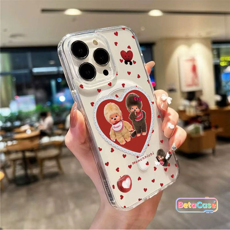 ฝาใสแม่เหล็กลิงสองตัวน่ารักๆ หัวใจโบว์รูใหญ่ ใช้กับ iPhone 17 16 15 14 13 12 11 Pro Max Plus