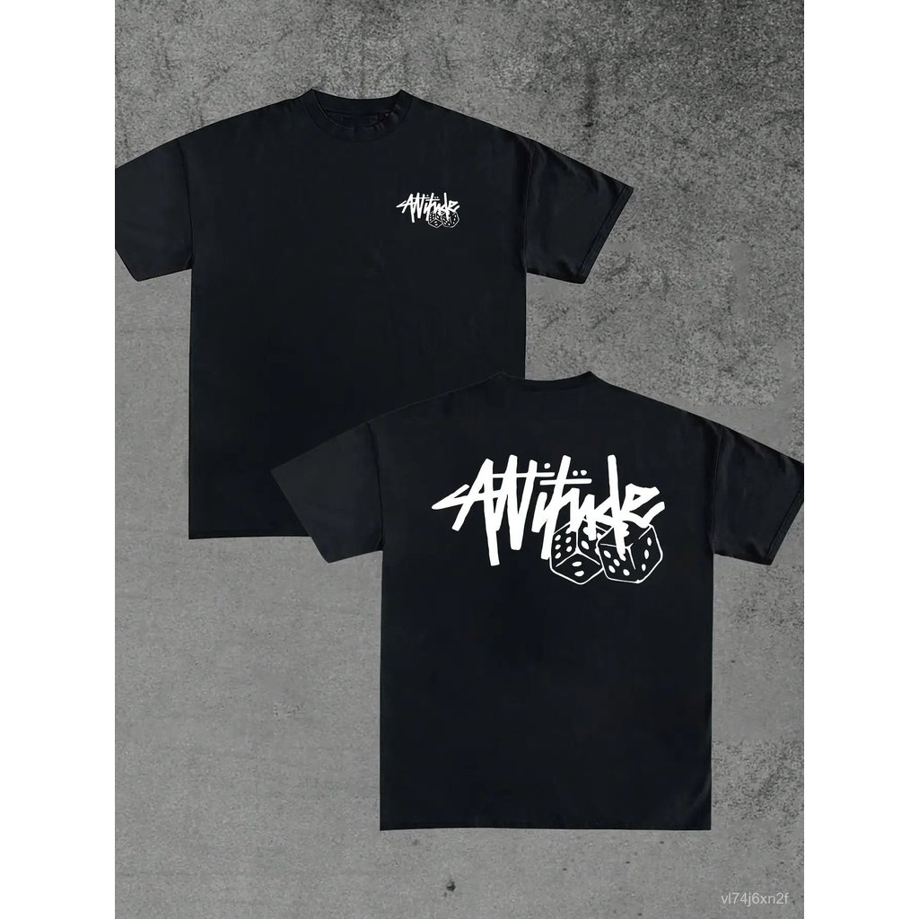 เสื้อยืดผู้ชาย พิมพ์ลาย 'Attitude' ลายลูกเต๋า Graffiti คอกลม ซักเครื่องได้ สไตล์ Urban Fashion เหมาะสำหรับใส่ลำลอง ใส่ทำ