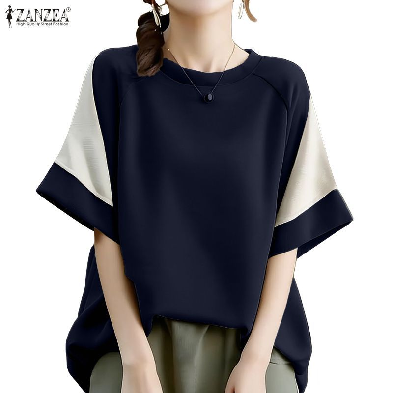 ZANZEA ผู้หญิงเกาหลี Ladylike สไตล์รอบคอกลางแขน Contrast Patchwork หลวม Fit เสื้อยืด