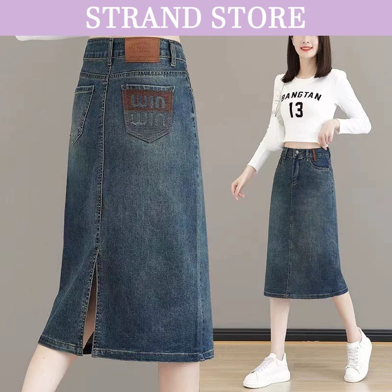 STRAND💜สูง147ใส่ได้ กระโปรงยีนส์ยาวเองสูง ผ้ายืด เก็บพุงเก็บสะโพก ทรงเอผ่าหลัง สำหรับหุ่นผู้หญิ้งทรงลูกแพร์ XV79