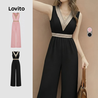 Lovito จั๊มสูทโบโฮ รัฟเฟิลคอกระเช้า สีดํา สําหรับผู้หญิง ฤดู…