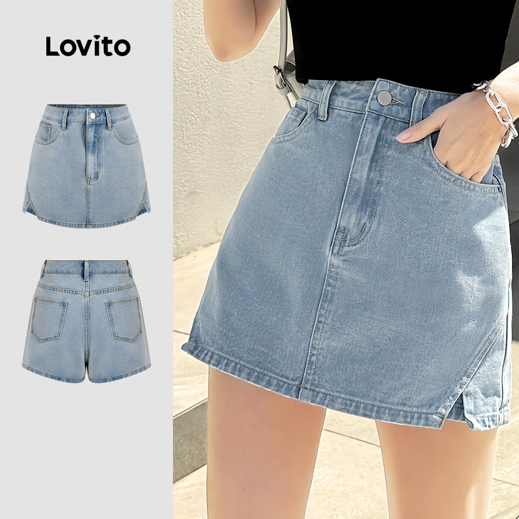 Lovito กางเกงขาสั้นเดนิมลําลองปลอม 2-in-1 ทรงห่อสีน้ําเงินสไตล์ล้างน้ํา สําหรับฤดูใบไม้ผลิ/ฤดูร้อน L183ED040