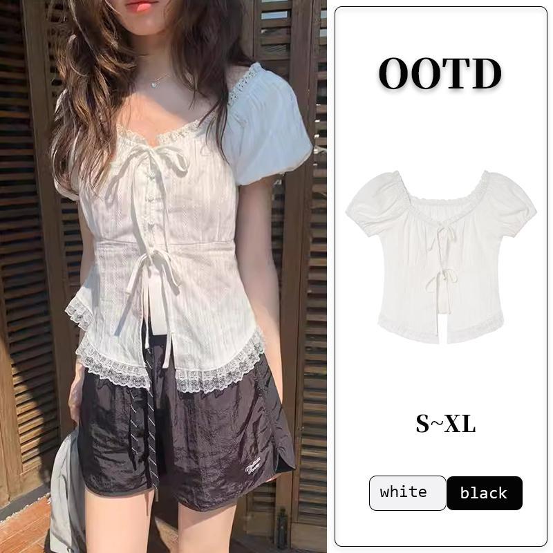 เสื้อเชิ้ตขอบลูกไม้ แขนตุ๊กตา ดีไซน์ผูกโบว์ด้านหน้า เรียบหรู น่ารักสุดๆ แฟชั่นซัมเมอร์สไตล์เกาหลี W712