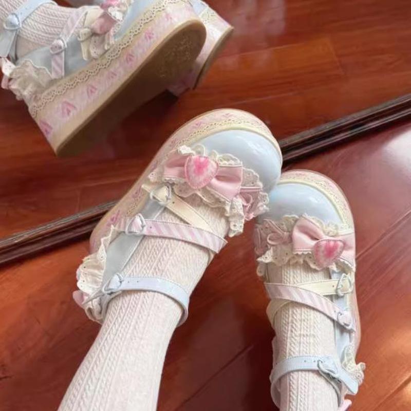 可爱洛丽塔鞋子松糕底厚底仙女Lolita女生少女甜美奶油草莓小皮鞋4-9Cute Lolita Shoes with Platform Soles, Thick-soled Fairy Lolita 