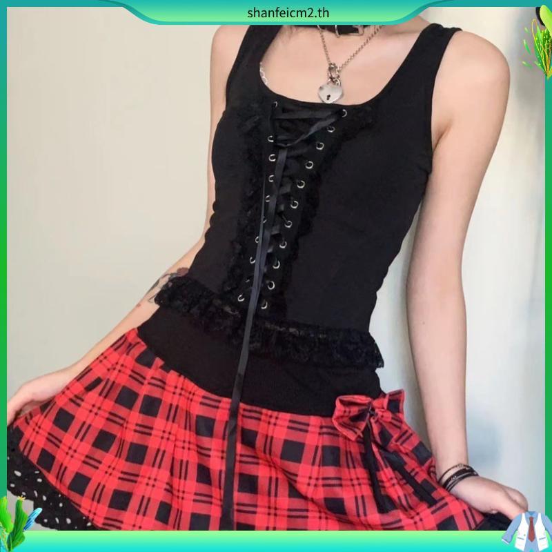 Women's Sleeveless Vest Top Black Asian Culture Hot Girl Lace Vest Square Collar Sling Dark Punk Lac