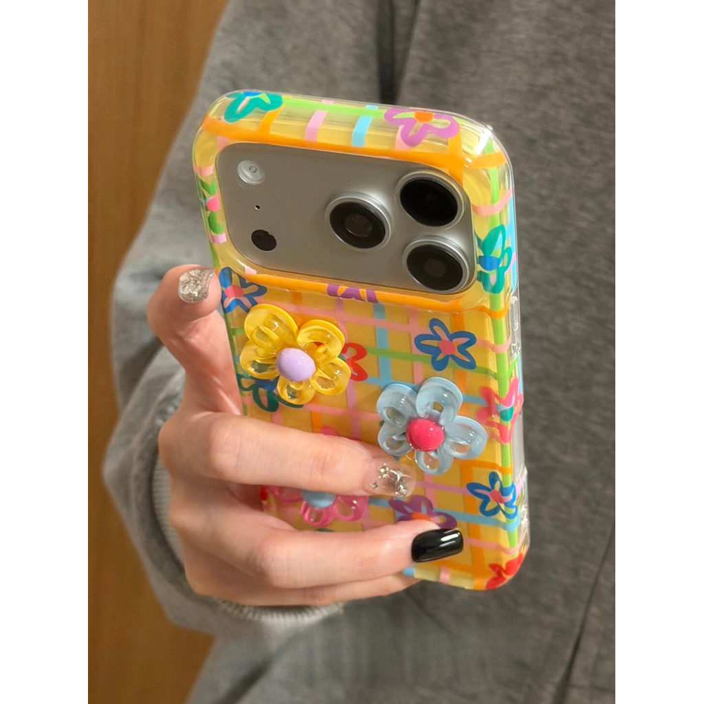 เคสน่ารักเกาหลี Ins Vibrant Aesthetic สีสันลายสก๊อตเส้นและ 3D รูปแบบดอกไม้สีเหลืองพื้นหลังสําหรับ iPhone 17 Pro Max 16 Pro 15 14 13 Pro Max