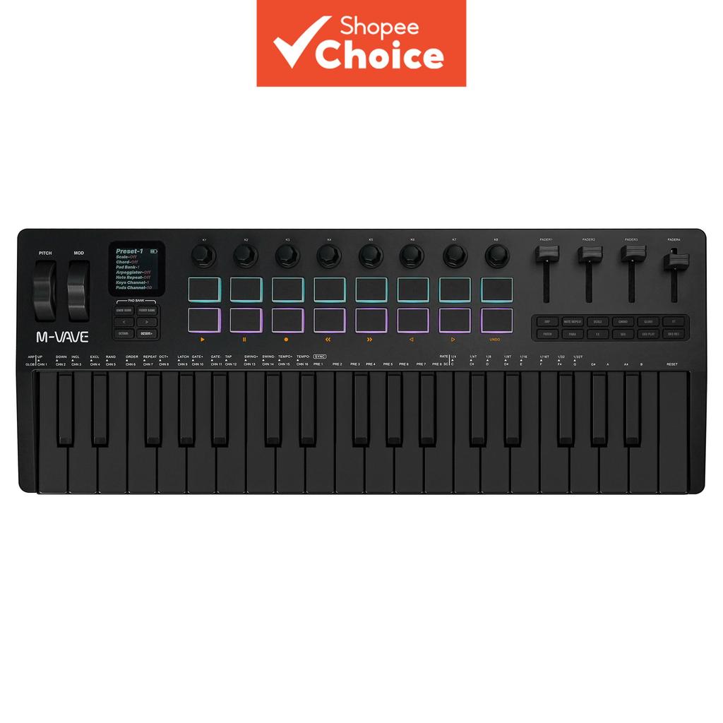 M-Vave SMK-37 PRO คีย์บอร์ด MIDI แบบพกพา 37 คีย์, 16 แผ่น RGB 4 Faders 8 Encoders, เครื่องยนต์ DX-7 