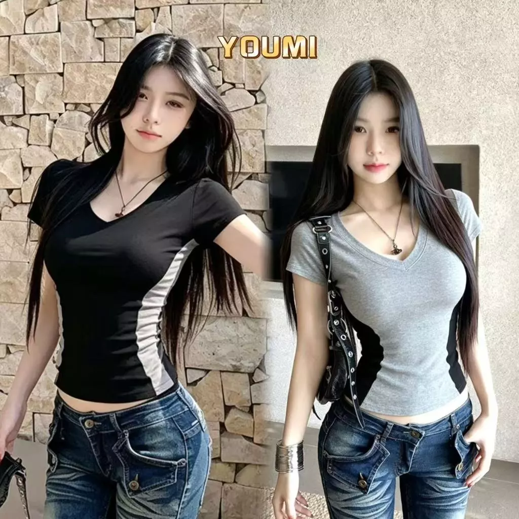 YOUMI ส่งไวจากไทย เสื้อยืดคอวี สีสันตัดกัน ทรงเข้ารูป ใส่สบาย สไตล์วินเทจ