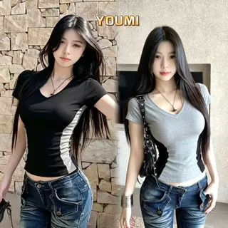 YOUMI ส่งไวจากไทย เสื้อยืดคอวี สีสันตัดกัน ทรงเข้ารูป ใส่สบาย สไตล์วินเทจ