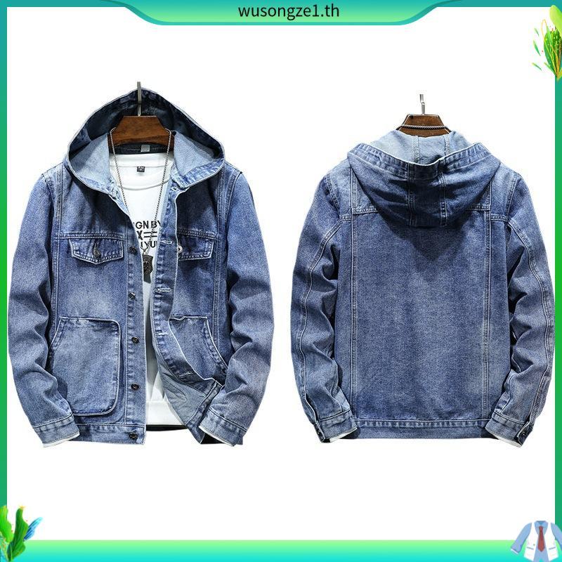 ผู้ชาย DENIM Jean Jacket สีฟ้าสีดํา Beanie หนา DENIM Unisex Casual