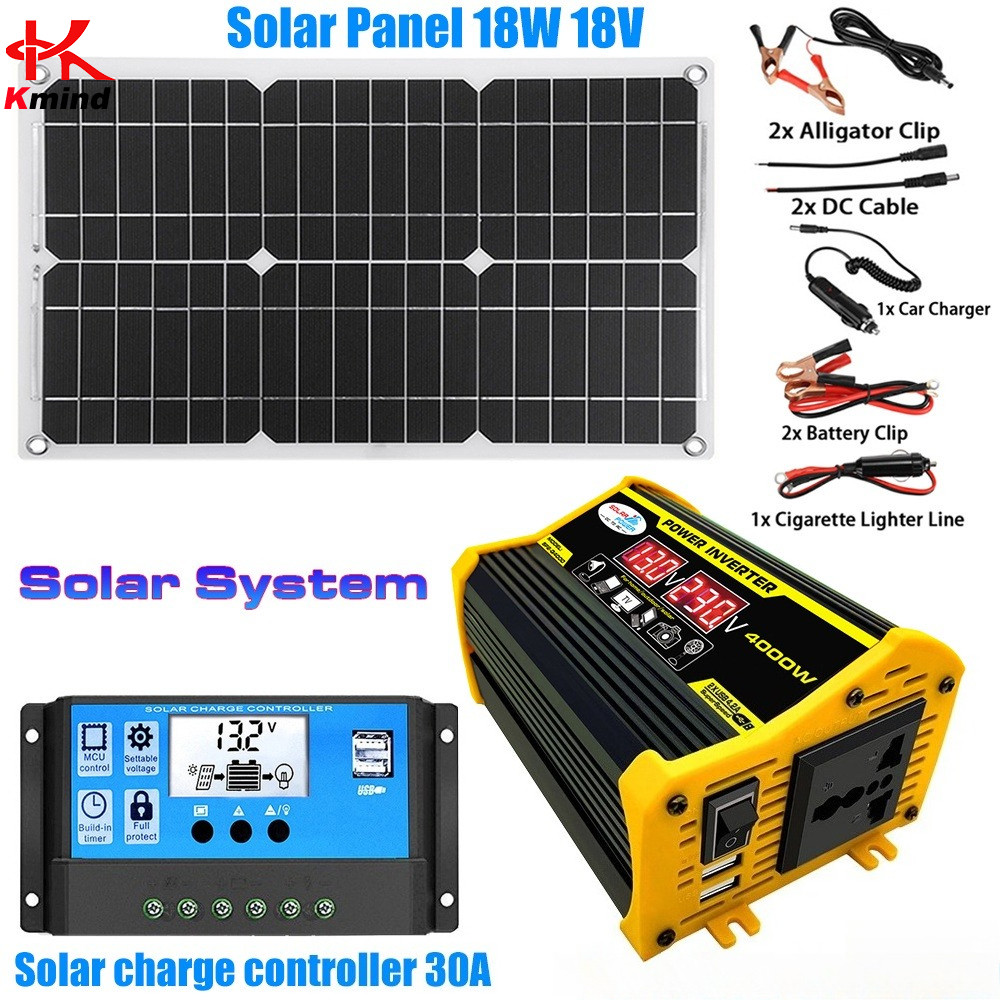 ระบบรุ่นพลังงานแสงอาทิตย์ = แผงโซล่าเซลล์ 18W + อินเวอร์เตอร์พลังงาน 300W 12V ถึง 220V + 30A Control