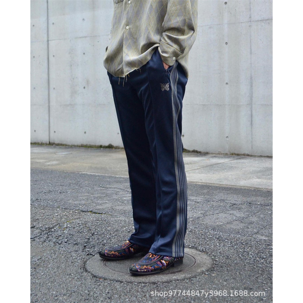 A7FO Needles Street-style retro webbing school uniform pants, dark blue unisex straight-leg solid co