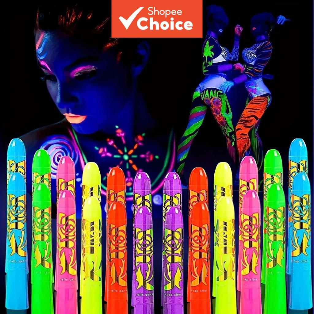 ดินสอสีแต่งหน้าเรืองแสง 24 สี ล้างออกได้ วาดสีร่างกายสีนีออน เรืองแสงในความมืด สําหรับงานปาร์ตี้เรืองแสง