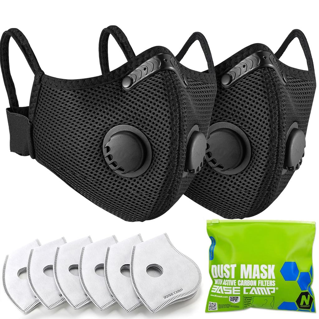 BASE CAMP อัพเกรด M Plus หน้ากากกันฝุ่น 2 แพ็ค, Breathable Reusable Dust Face Mask พร้อมตัวกรองคาร์บ