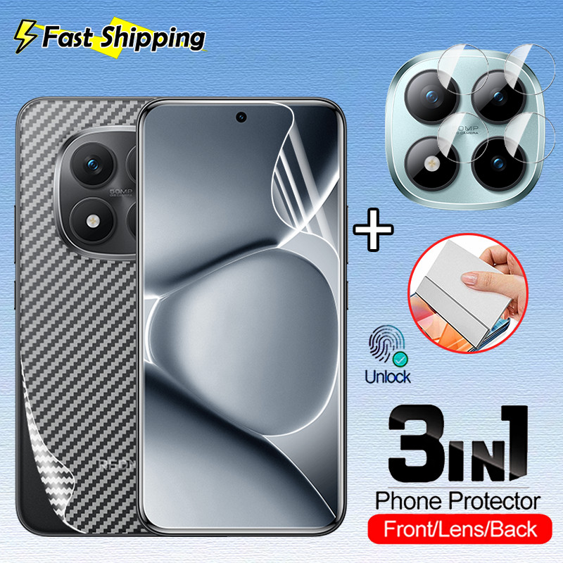 3in1 สําหรับ Redmi หมายเหตุ 15 14 Pro + Plus Note15 ProPlus 5G 4G ป้องกันหน้าจอ Hydrogel ด้านหน้านุ่มลายนิ้วมือปลดล็อคโปร่งใส HD ครอบคลุมกลับป้องกันฟิล์ม