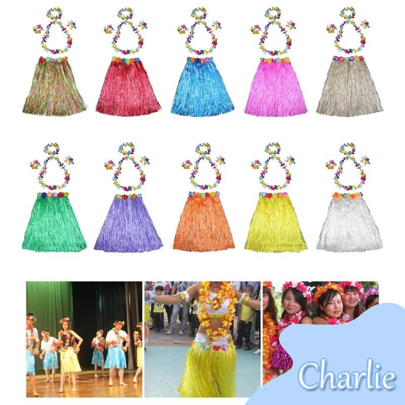 Char Hawaiian Hulas Grass Skirt with Flower Costume Set for Party Beach Fancy Dress