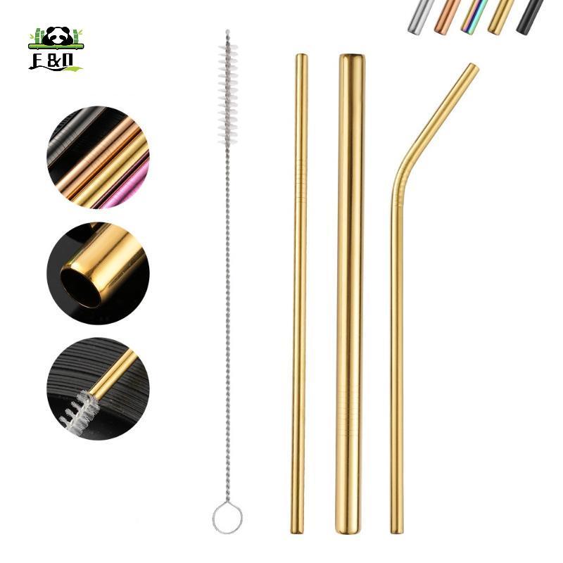 [F&O] หลอดสแตนเลส 4 ชิ้นหลอดดูดโลหะแบบใช้ซ้ําได้พร้อมแปรงทําความสะอาดสําหรับ Home Party Barware อุปก