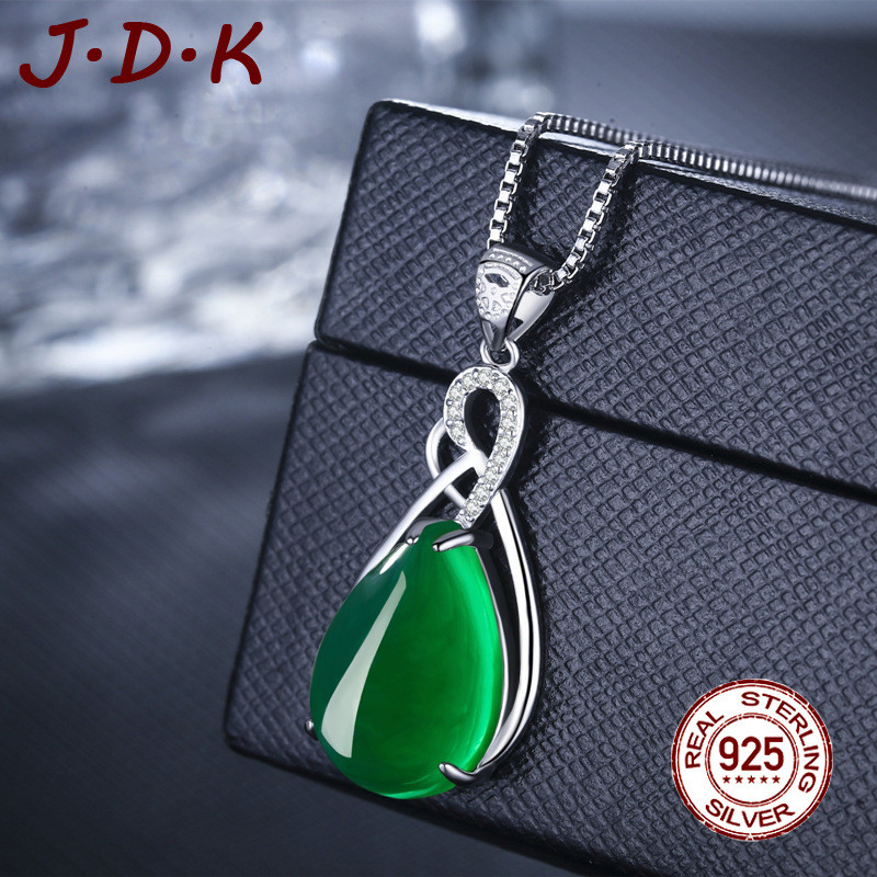 HIJAU JDK 925 เงินหยกสร้อยคอผู้หญิงจี้อาเกตสีเขียว