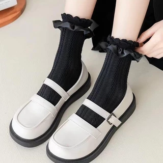 พร้อมส่งในไทยถุงเท้าโลลิต้าญี่ปุ่น ตกแต่งโบว์ สีทึบ ถุงเท้าเจเคน่ารัก
