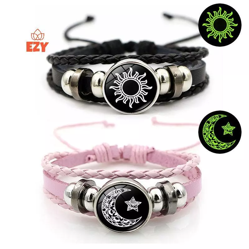 EZY 2 ชิ้น Luminous สร้อยข้อมือคู่ Sun Moon สร้อยข้อมือสีดําปรับได้มิตรภาพแฟชั่นเครื่องประดับโรแมนติกของขวัญวันเกิดใหม่