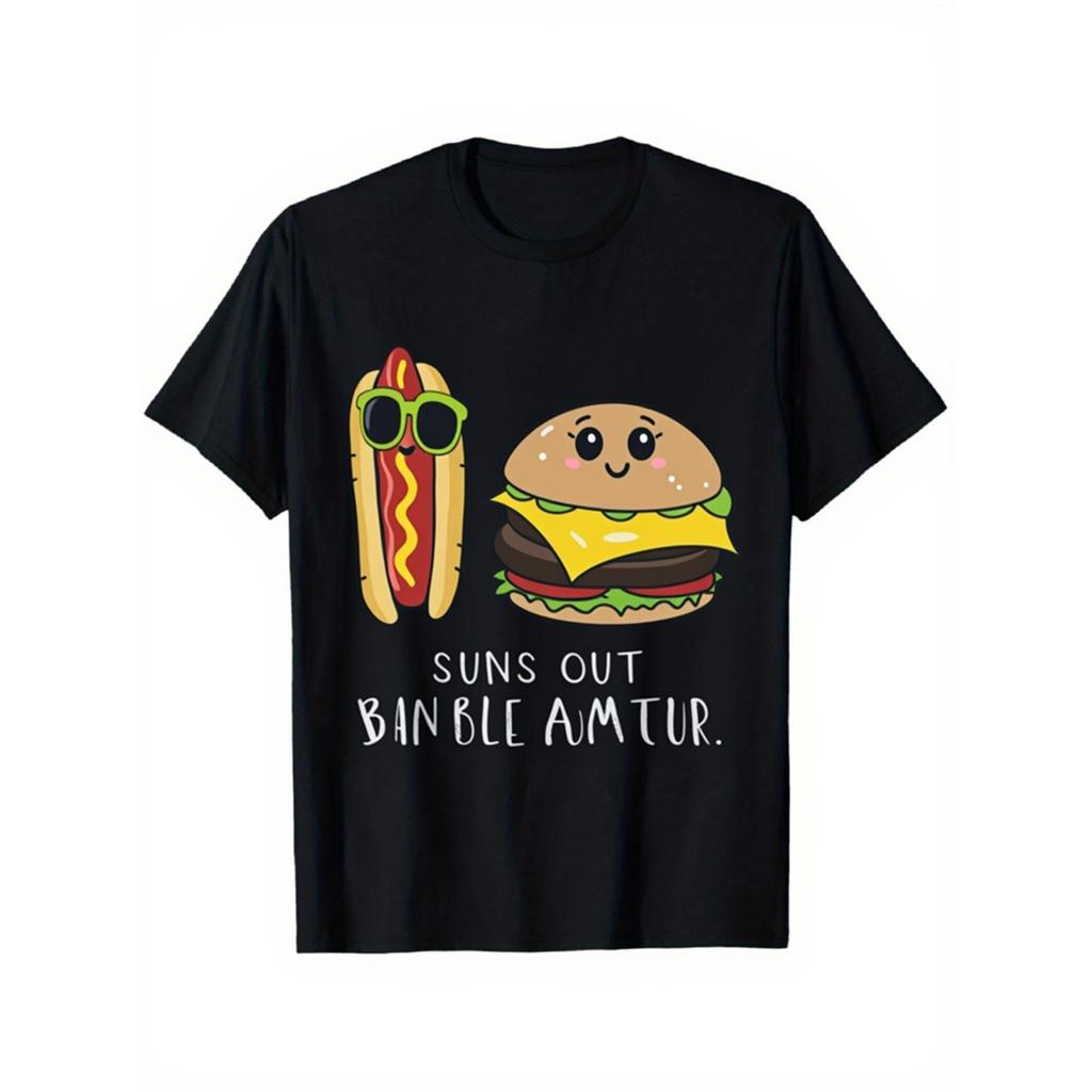 KATUN เสื้อยืด Unisex ดีไซน์ Hotdog & Burger น่ารัก - ผ้าฝ้ายหนา 180GSM คอกลม แขนสั้น พร้อมการเขียน 